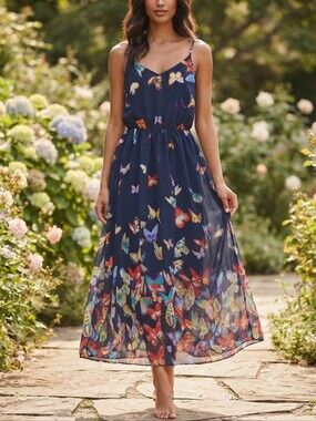 PopReal Butterfly Spaghetti Strap Midi Dress Semi-sheer Size M Navy Blue